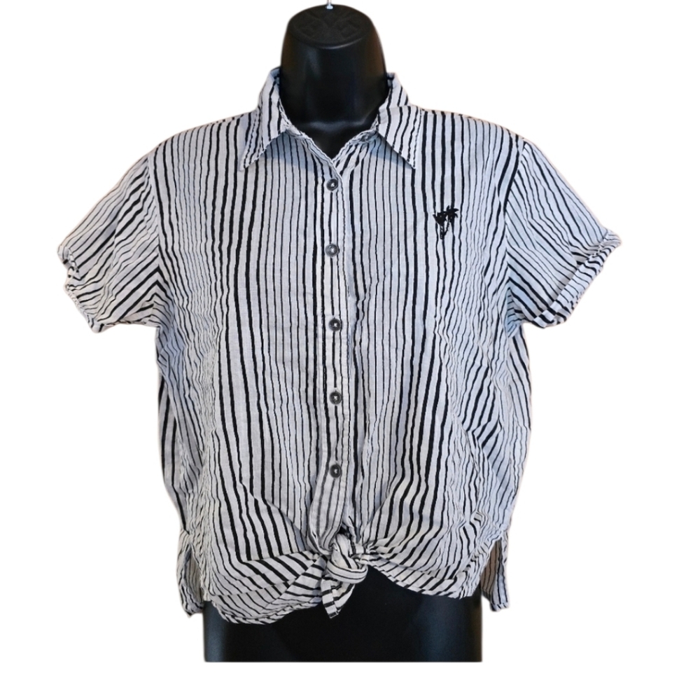 Billabong Black and White Striped Blouse Preppy Tie Front Spring Summer